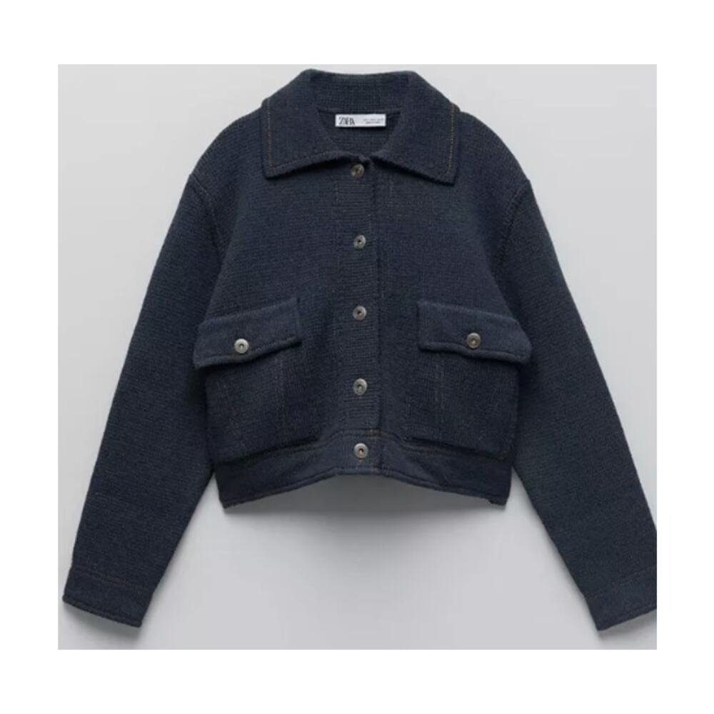 Zara Cropped Knit Chore Jacket Blue Gold Stitching Like Denim Fall Cosy ~ Size L - Picture 9 of 10